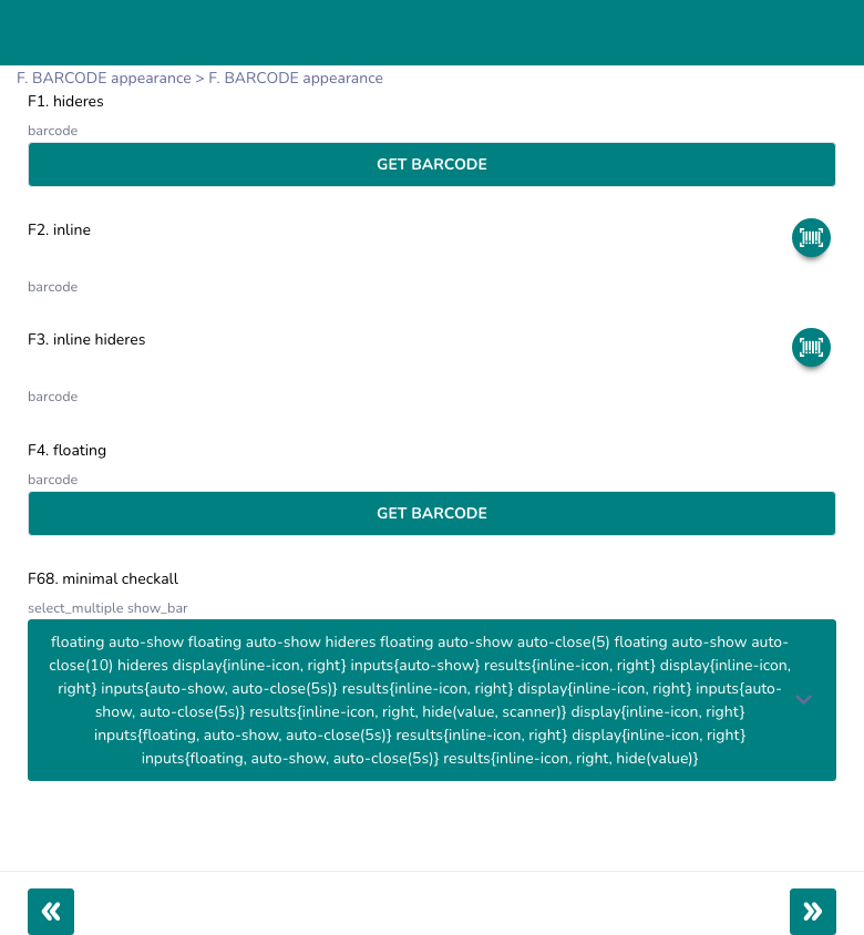 BARCODE question type — hideres, inline, floating, auto-show variants