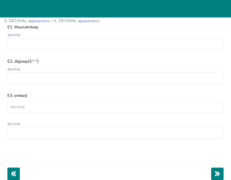 DECIMAL appearance variants — thousandsep, digisep, embed