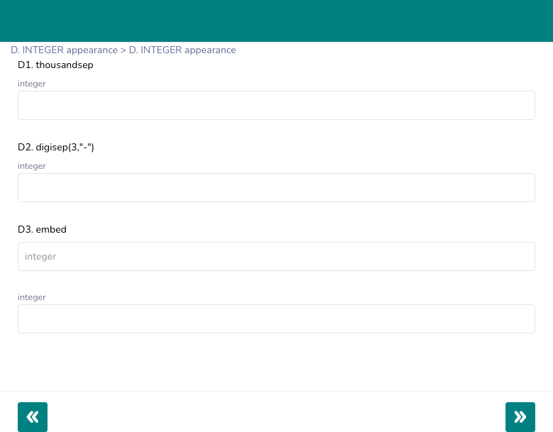 INTEGER appearance variants — thousandsep, digisep, embed