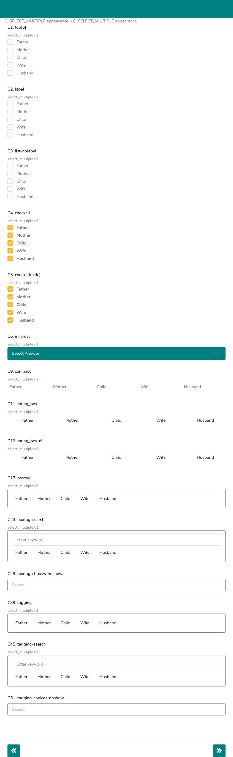 SELECT_MULTIPLE appearance variants — top, label, list-nolabel, checkall, minimal, compact, rating_box, boxtag, tagging