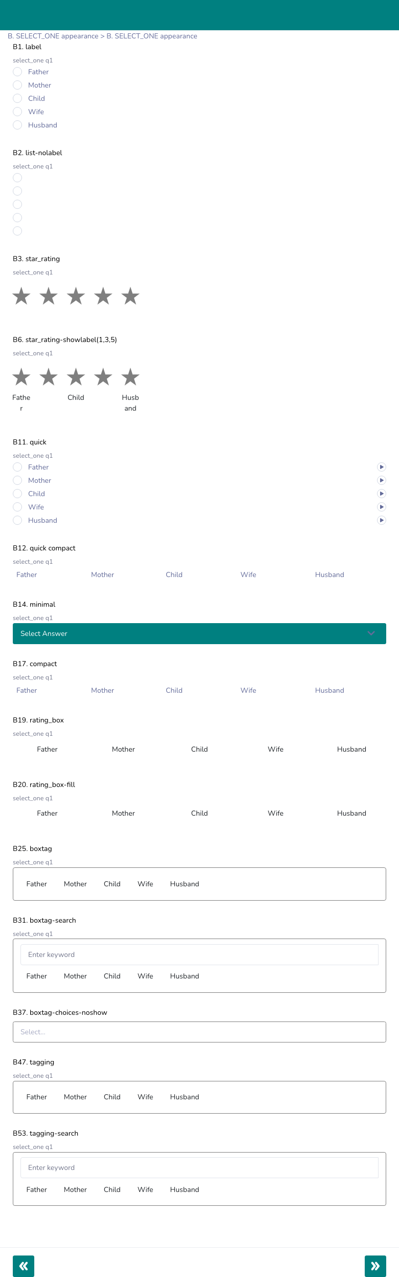 SELECT_ONE appearance variants — label, list-nolabel, star_rating, quick, minimal, compact, rating_box, boxtag, tagging
