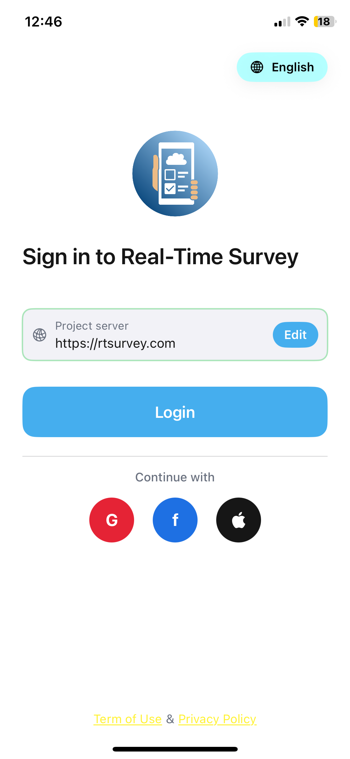 rtSurvey login screen